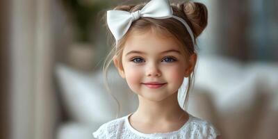 Young girl with a big white bow smiling in a bright, cozy indoor setting during midday photo