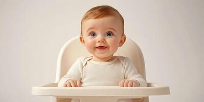 Cheerful baby smiling happily while sitting in a high chair against a neutral background in a well-lit indoor space photo