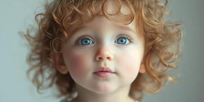 Child with curly hair and blue eyes gazing curiously at the camera in a bright indoor setting photo