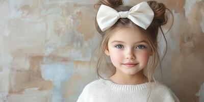 Young girl with stylish hairstyle and bow among soft pastel background in a cozy indoor setting photo