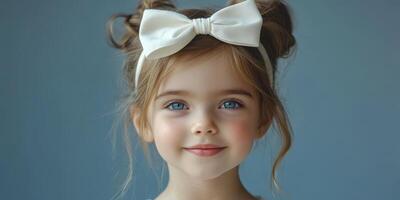 Young girl with blue eyes and white bow smiling against a soft blue background photo