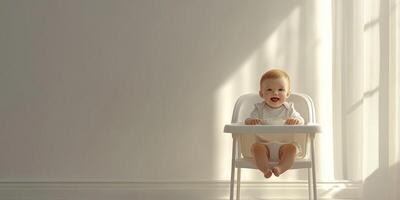Happy baby enjoying mealtime in a bright room with natural light during the afternoon photo