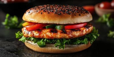 Delicious grilled chicken burger with fresh vegetables on a sesame seed bun served on a rustic table photo