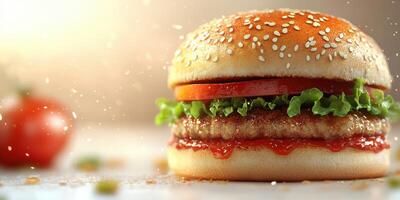 Juicy hamburger with fresh ingredients and sesame seed bun ready to be enjoyed in a warm setting photo