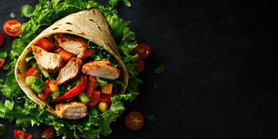 Delicious chicken wrap filled with fresh vegetables served on a bed of lettuce photo