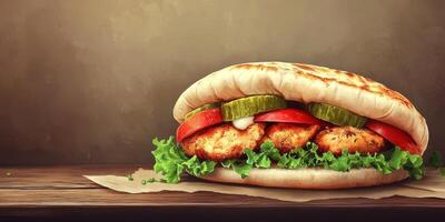 Delicious sandwich prepared with fresh ingredients on wooden table photo