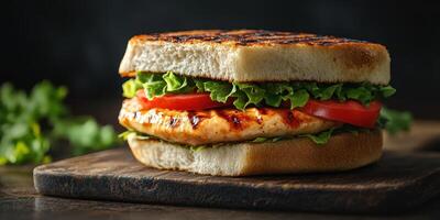 Juicy grilled chicken sandwich on toasted bread with fresh lettuce and tomato at a rustic table setting photo