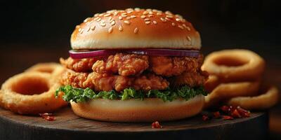 Crispy chicken burger with lettuce and red onion served alongside onion rings at a rustic setting photo