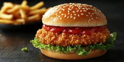 Crispy chicken sandwich with lettuce and ketchup served alongside golden fries on a dark background photo