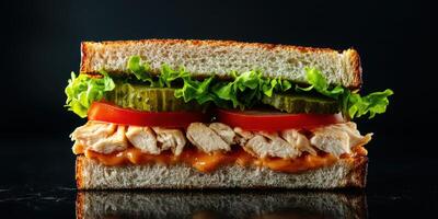 Delicious chicken sandwich with fresh vegetables stacked high on whole grain bread against a dark background photo