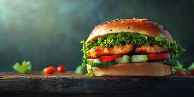 Delicious grilled chicken burger with fresh vegetables served on a wooden table photo