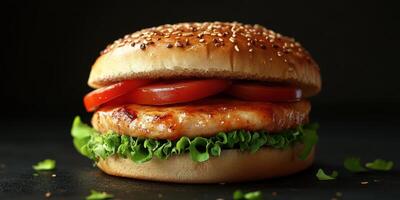 Juicy grilled chicken burger with fresh lettuce and ripe tomatoes served on a sesame seed bun photo