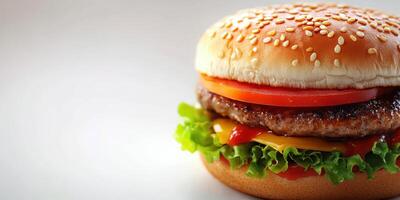 Juicy hamburger with fresh ingredients set against a simple background in a well-lit setting photo