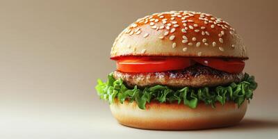 Delicious gourmet burger with fresh lettuce and tomatoes presented elegantly on a neutral background photo