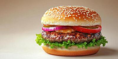 Juicy hamburger with sesame seed bun, fresh vegetables, and melted cheese, ready to be enjoyed photo