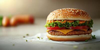 Juicy burger with fresh vegetables and cheese on a light background in a cozy dining setting photo
