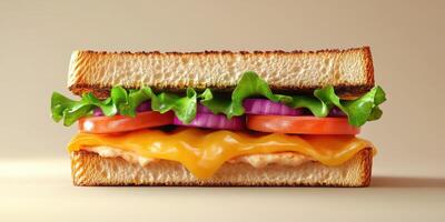 Delicious sandwich with fresh ingredients arranged on toasted bread photo