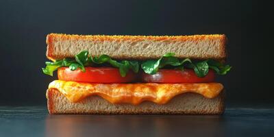 Delicious grilled cheese sandwich with fresh vegetables ready to be served on a dark background photo