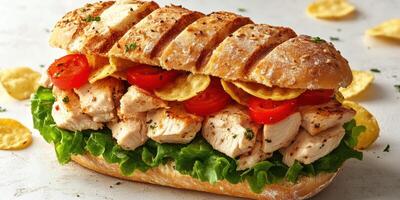 Freshly made chicken sandwich with lettuce, tomatoes, and potato chips on a rustic table photo