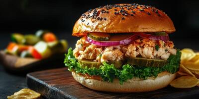 Deliciously crafted salmon burger with fresh toppings served on a wooden board at a cozy restaurant photo