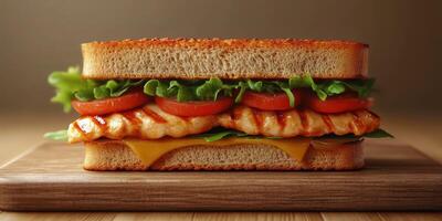 Delicious grilled chicken sandwich with fresh vegetables and cheese on toasted bread photo
