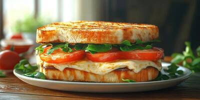 Delicious grilled sandwich with fresh tomatoes and greens served on a wooden table photo