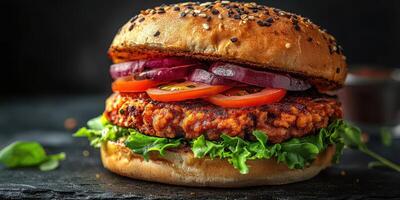 Juicy chicken burger with fresh vegetables on a rustic wooden table ready to be enjoyed photo
