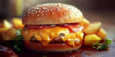 Mouthwatering cheeseburger with melted cheese and ketchup served on a sesame seed bun photo