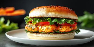 Tasty chicken burger served on a plate with fresh vegetables and a soft bun in a dimly lit restaurant setting photo