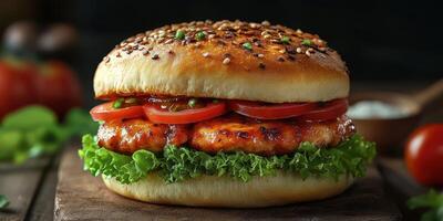 Juicy grilled chicken sandwich with fresh toppings on a wooden board for a delicious meal photo