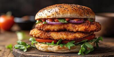 Delicious chicken sandwich with fresh ingredients served on wooden board in a cozy setting photo