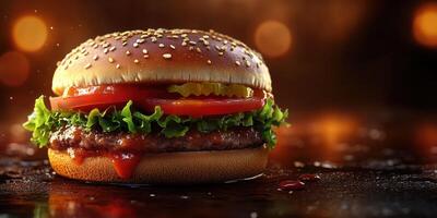 Juicy hamburger with fresh ingredients served on a wooden table against a blurred background at a casual dining spot photo