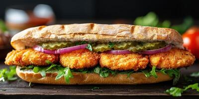 Crispy fried chicken sandwich with fresh veggies and pickles on whole grain bread at a casual dining setting photo