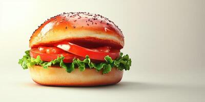Delicious burger with fresh lettuce, tomato slices and a soft bun displayed on a clean background photo