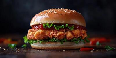 Delicious crispy fried chicken sandwich with fresh lettuce and ketchup served on a sesame seed bun photo