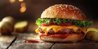 Perfectly crafted cheeseburger with fresh ingredients served on a rustic wooden table at a cozy setting photo