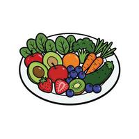 A plate of fruits and vegetables is shown on a white background vector