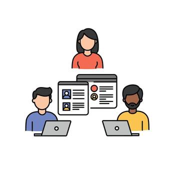 People working on laptops and a computer screen vector