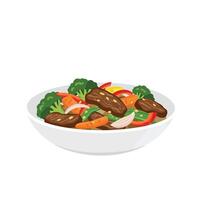 A bowl of meat and vegetables with a side of broccoli vector
