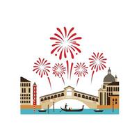 A gondola is floating down the river with fireworks in the background vector
