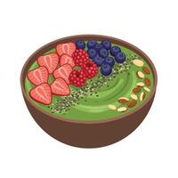 A bowl of green smoothie with berries and nuts vector