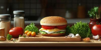 Delicious burger with fresh vegetables and herbs on a wooden kitchen countertop photo