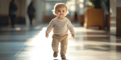 Young child joyfully walks through a bright indoor space, showcasing innocence and curiosity in the moment photo