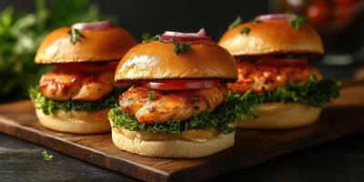 Delicious chicken burgers on a wooden board with fresh vegetables and herbs ready to serve at a casual gathering photo