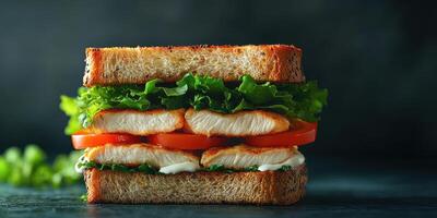 Delicious chicken sandwich stacked with fresh lettuce, ripe tomatoes, and creamy sauce on whole grain bread photo
