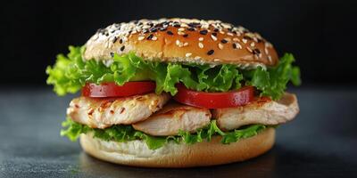 Delicious chicken burger with fresh vegetables on a dark background ready for serving at a casual dining setting photo