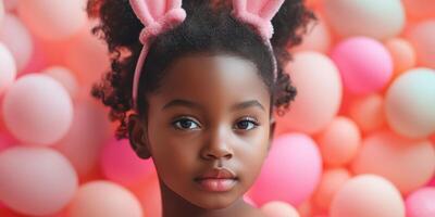 Cute child with bunny ears posing in front of a colorful balloon backdrop during a festive celebration photo