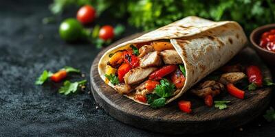 Delicious wrap filled with grilled chicken, colorful peppers, and fresh herbs on a wooden board photo