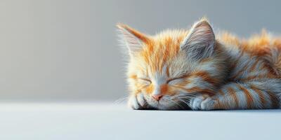 Cute orange tabby kitten sleeping peacefully on a soft surface in a warm, cozy environment during the afternoon hours photo