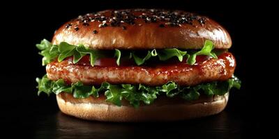 Juicy grilled chicken sandwich with fresh lettuce and savory sauce on a sesame seed bun photo